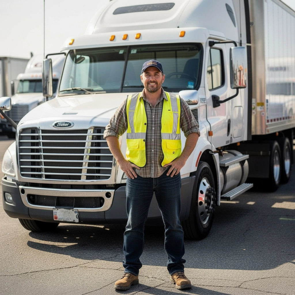 CDL truck driver standing in front of truck
